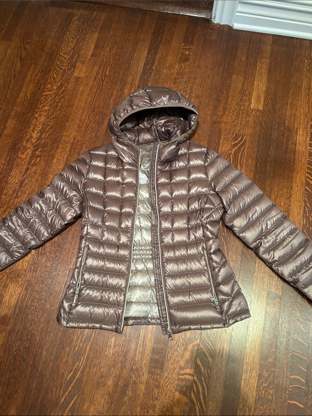 Calvin Klein Metallic Taupe Hooded Quilted Puffer Jacket
